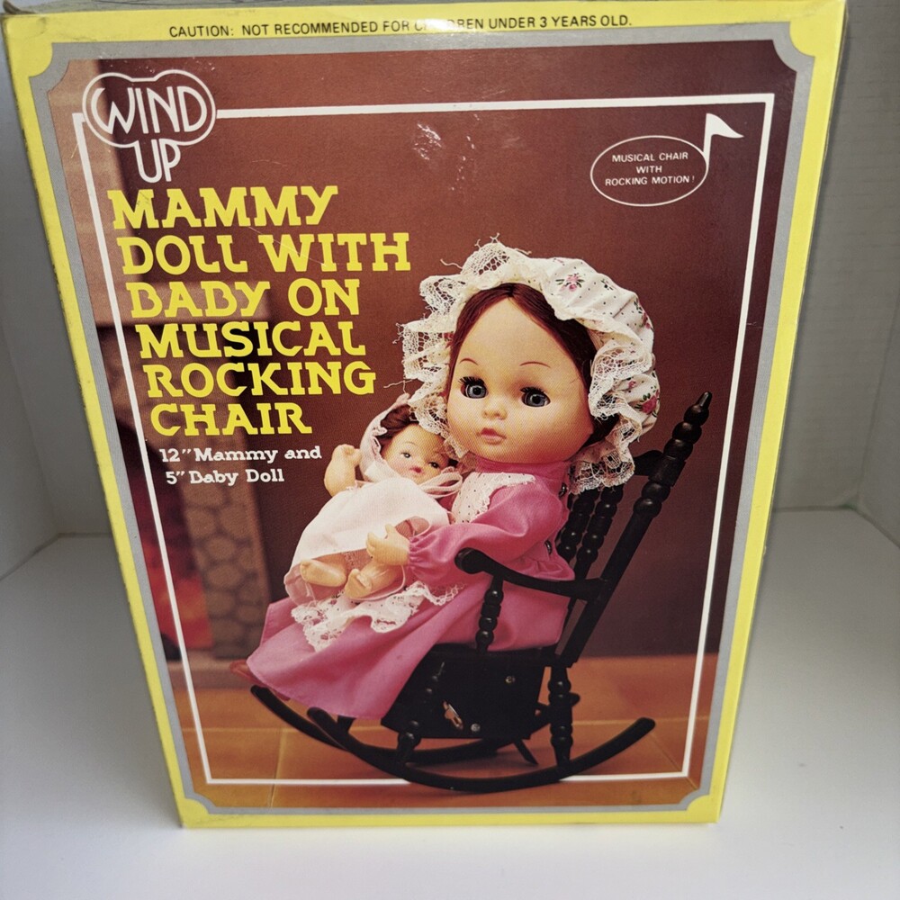 Wind-up Toy Mammy Doll With Baby And Rocking Chair Vintage